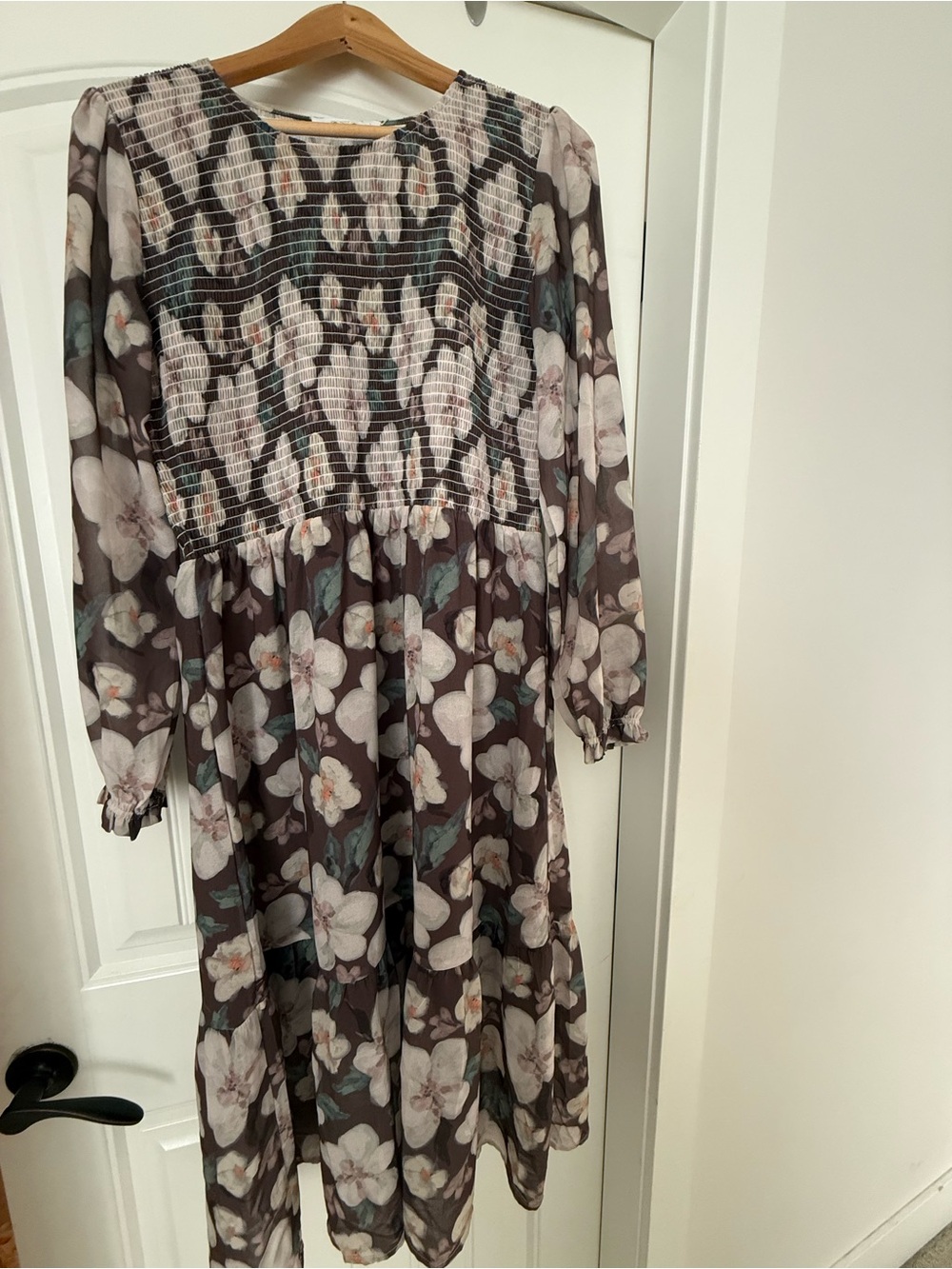 Smocked Long Sleeve Floral Midi Dress in Brown and Cream